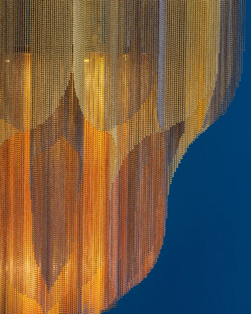 Close Up View of willowlamp's metallic chain using mixed metallics for the Lotus Mandala Chandelier