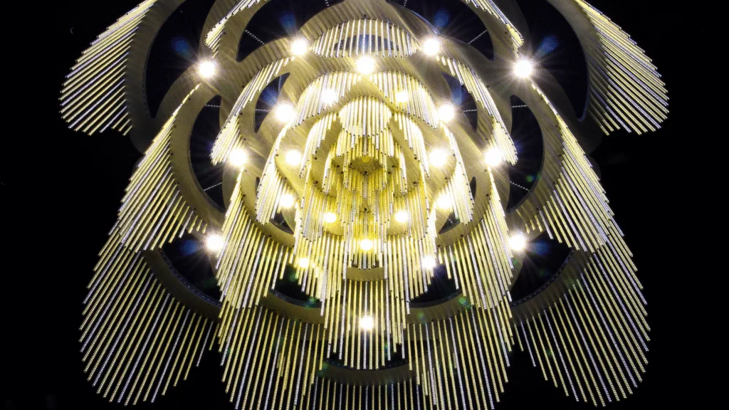 The Rose Chandelier with Straight Edging in Brass & Silver Chrome Metal Chain