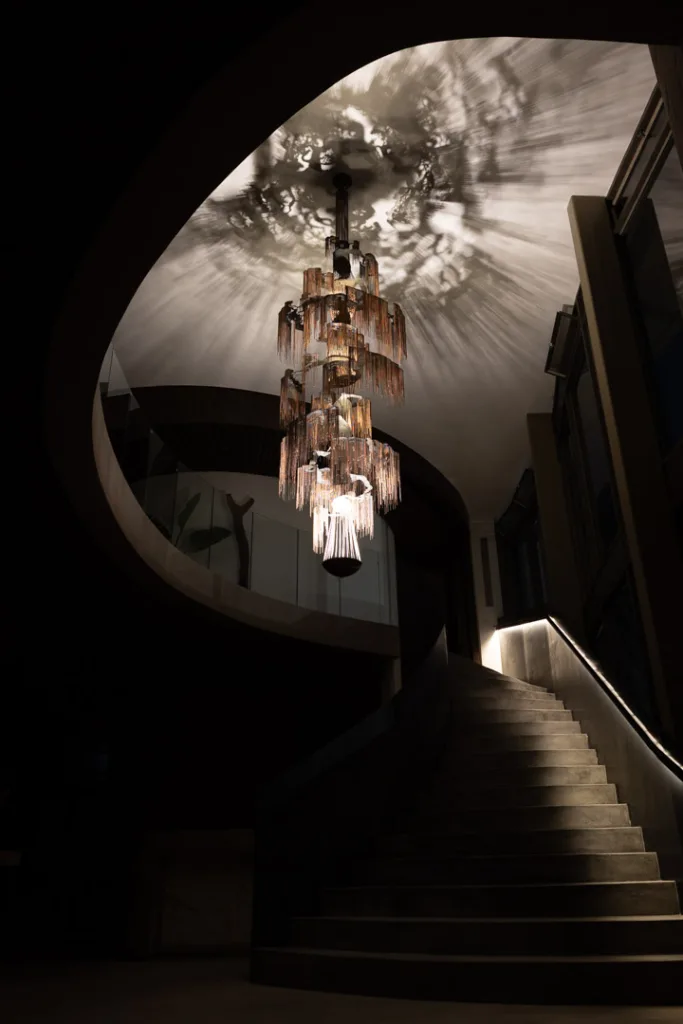 Enchanted-Tree-Chandelier-8-Tier in mixed antique ball chain in an entrance hallway